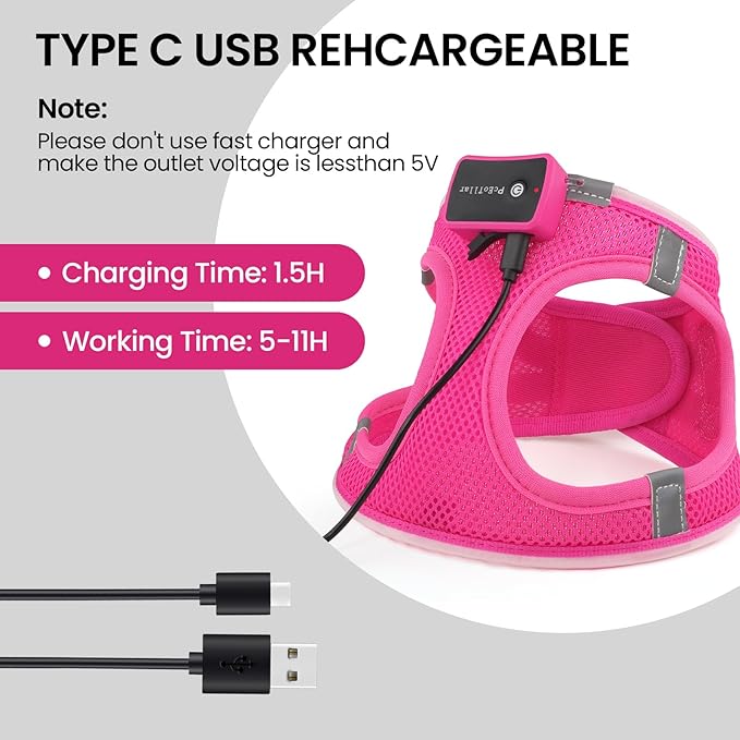 Pceotllar LED Dog Harness - Rechargeable, Flashing Light, No Pull, Reflective - Medium, Pink