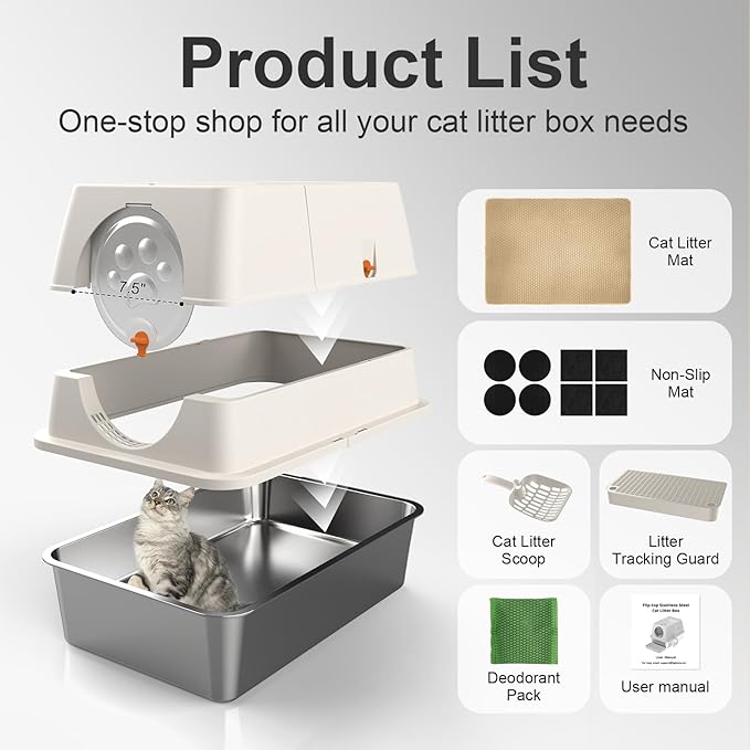 Stainless Steel Cat Litter Box with Lid, XL Extra Large Kitty Litter Box, Enclosed Top Entry Metal Litterbox for Big Cats, Easy Cleaning, Anti-Leakage & High Sided with Mat, Aisle & Scoop, Beige