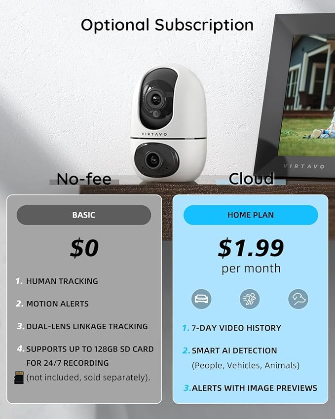 virtavo XD1 Indoor Security WiFi Camera, Wireless, Dual-Lens 360° PTZ Baby Monitor & Pet Cam, Motion Tracking, 2-Way Audio, Night Vision, Cloud/SD Storage, Phone App, Plug-in Power
