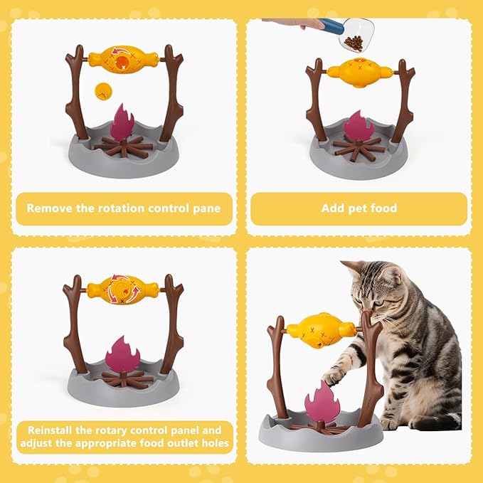 DFQ Cat Treat-Dispensing Slow Puzzle Feeder Bowls,Unique Rotatable Roast and Flame,Cognitive Training Game,Enrichment Interactive Stimulation Toys for Indoor Kitty