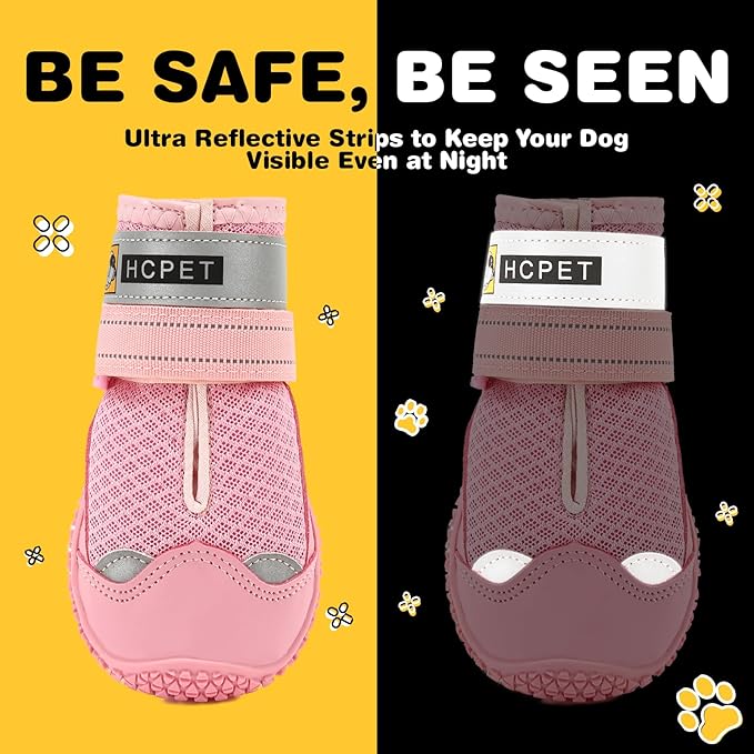 Hcpet Dog Shoes for Large Dogs, Breathable Dog Booties for Small Medium Dogs, Anti-Slip Dog Boots & Paw Protectors for Hot Pavement Winter Snow Hiking with Reflective Straps Pink Size 7