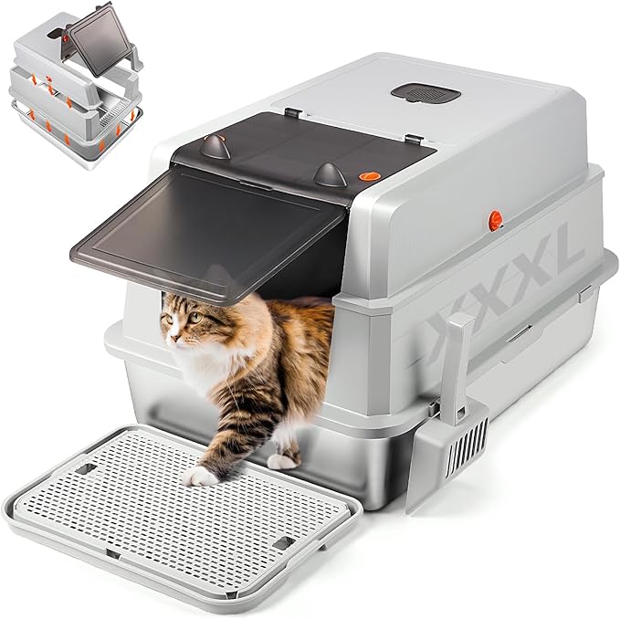 XXXL Stainless Steel Litter Box with Lid, Extra Large 28" L x 20" W x 17" H Enclosed Metal Cat Litter Box with Litter Scoop & Foot Pedal, Odor Control, Easy Cleaning for Big Cats (Light Grey)