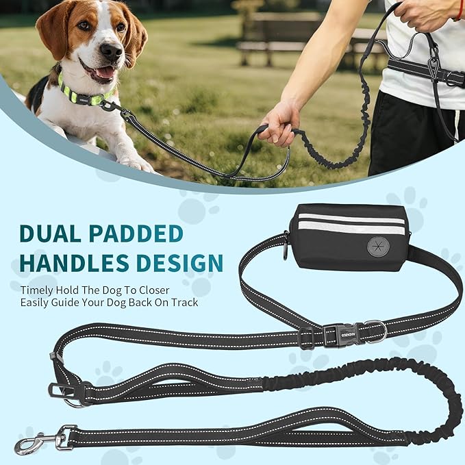 Hands Free Dog Leash with Removable Zipper Pouch, Dual Padded Handles and Durable Bungee for Walking, Jogging and Running-Black