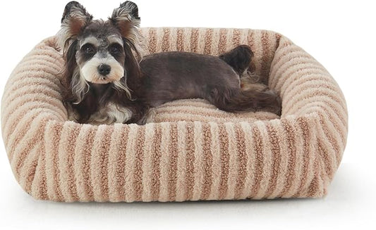 MIXJOY Small Dog Beds for Small Dogs, Washable Dog Bed with Removable Cover, Rectangle Pet Beds, Warming Soft Calming Sleeping Puppy Bed with Non-Slip Bottom, 20"x19"x6", Beige