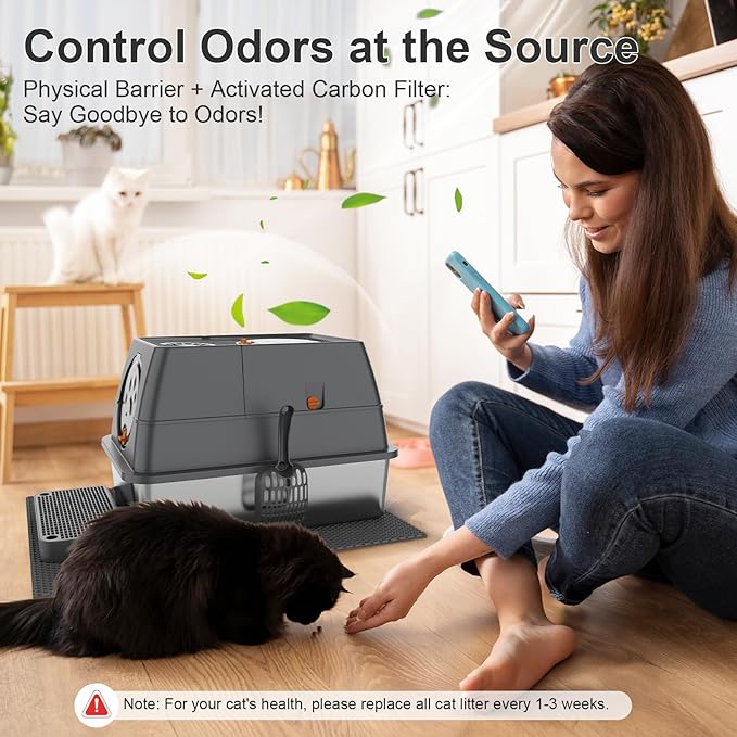 Stainless Steel Cat Litter Box with Lid, XL Extra Large Kitty Litter Box, Enclosed Top Entry Metal Litterbox for Big Cats, Easy Cleaning, Anti-Leakage & High Sided with Mat, Aisle & Scoop Dark Grey