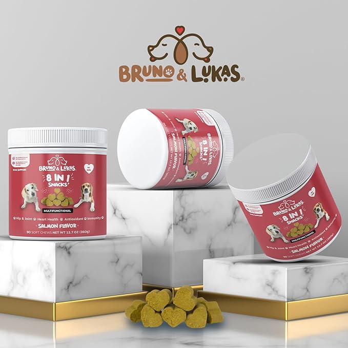 Multivitamin Treats for Dog Supplement 8 in 1 Vitamins Support Joint Digestion Antioxidant- Improves the Immune System Skin & Coat with Glucosamine for Dogs and Omega Fish Oil Salmon Flavor (90 Chews)