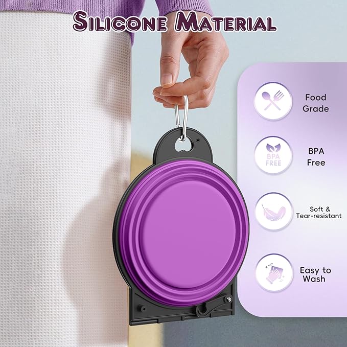 Pawaboo 2-in-1 Collapsible Dog Bowls, Dual Puppy Food and Water Bowls, 180° Flip Over Portable Silicone Dog Bowl with Metal Hook, 450ml Pet Travel Feeder Bowl for Walking Hiking Camping, Purple