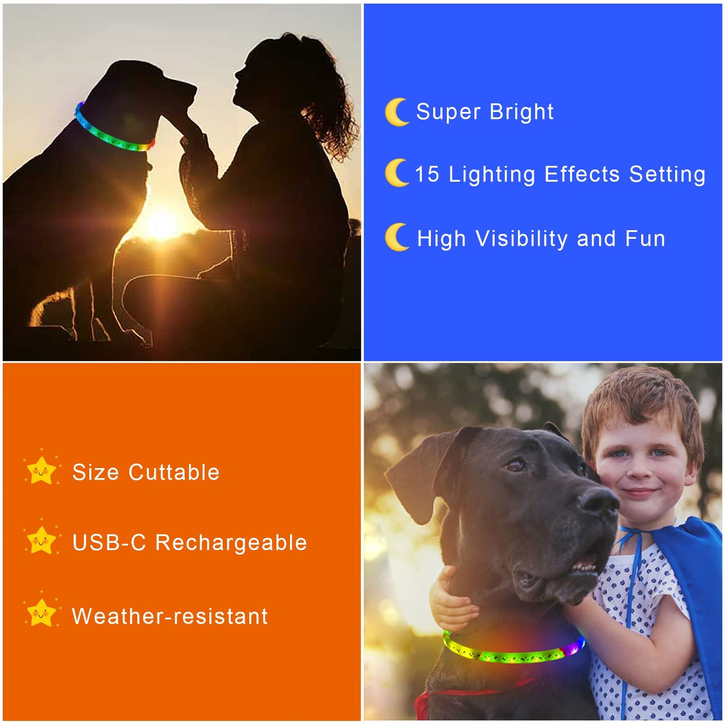 LED Dog Collar - Color Changeable Light Up Dog Collars USB Rechargeable,15 Light Effects Glow in The Dark Collar Weatherproof Fits for Small Medium Large Dog,Keep Your Pets Seen Safety High Visibility