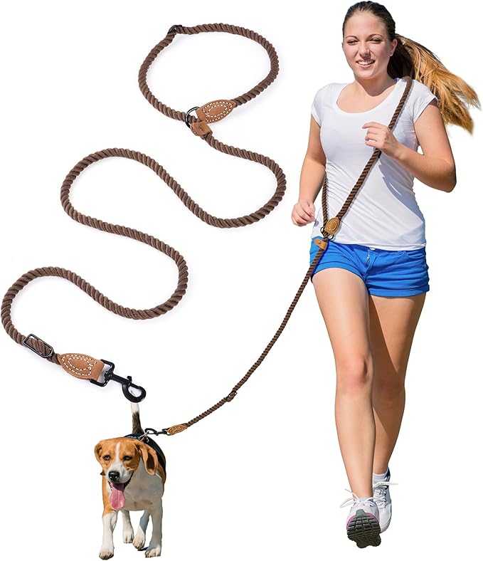Mile High Life Hands Free Dog Leash, Crossbody Waist Leash with Genuine Leather Connection, Multifunctional Adjustable Slip Lead for Dog Walking Running (Dark Brown, 7FT)
