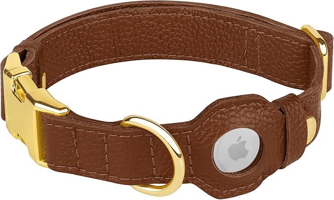 Leather Airtag Dog Collar - Soft Tracking Dog Collar with Apple AirTag Holder and Metal Buckle - Safety GPS Pet Collars for Small Medium Large Dogs Puppy Pink Red (Brown, M, 14"-18" Neck Fit)