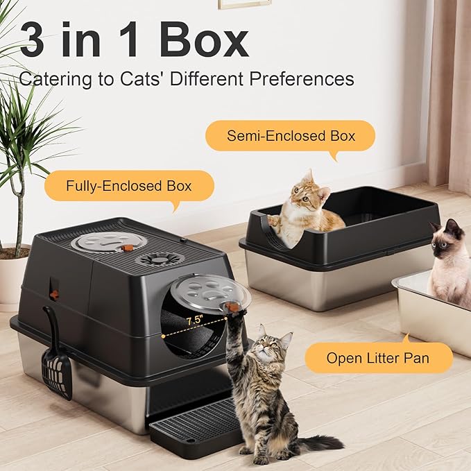 Stainless Steel Cat Litter Box with Lid, XL Extra Large Kitty Litter Box, Enclosed Top Entry Metal Litterbox for Big Cat, Easy Cleaning, Anti-Leakage & High Sided with Mat, Aisle & Scoop Black