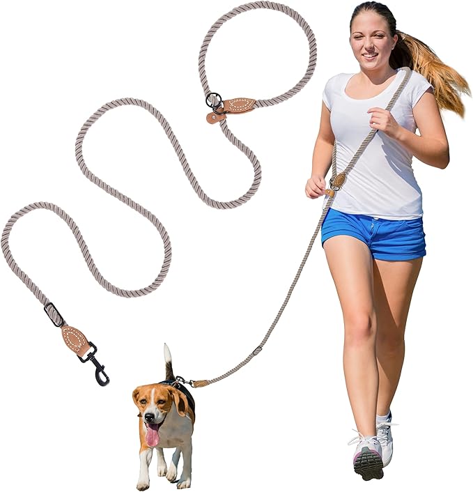 Mile High Life Hands Free Dog Leash, Crossbody Waist Leash with Genuine Leather Connection, Multifunctional Adjustable Slip Lead for Dog Walking Running (Camel, 7FT)