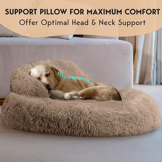 PetJett Calming Large Dog Bed - 36'' Donut Dog Beds, Anti-Slip & Washable Large Round Bed, Fluffy Faux Fur Pet Bed, Super Soft Anti-Anxiety Premium Comfort Bed, Fits Dogs up to 100 lbs - Beige