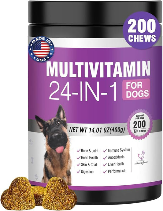 24-in-1 Dog Vitamins and Supplements 200 Ct Dogs Multivitamin Chewable Contain Chondroitin Probiotics Omega-3 Glucosamine for Dogs Skin Coat Heart Joint Gut Digestion Liver Brain Eyes Immune Support