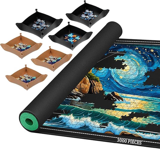 Jigsaw Puzzle Mat Roll Up, Portable Saver Pad 53” x 35” Up to 3000 Pieces, Puzzle Matt Rollup with Non-Slip Rubber Bottom & Smooth Top. (6 Sorting Trays & 1 Storage Bag)