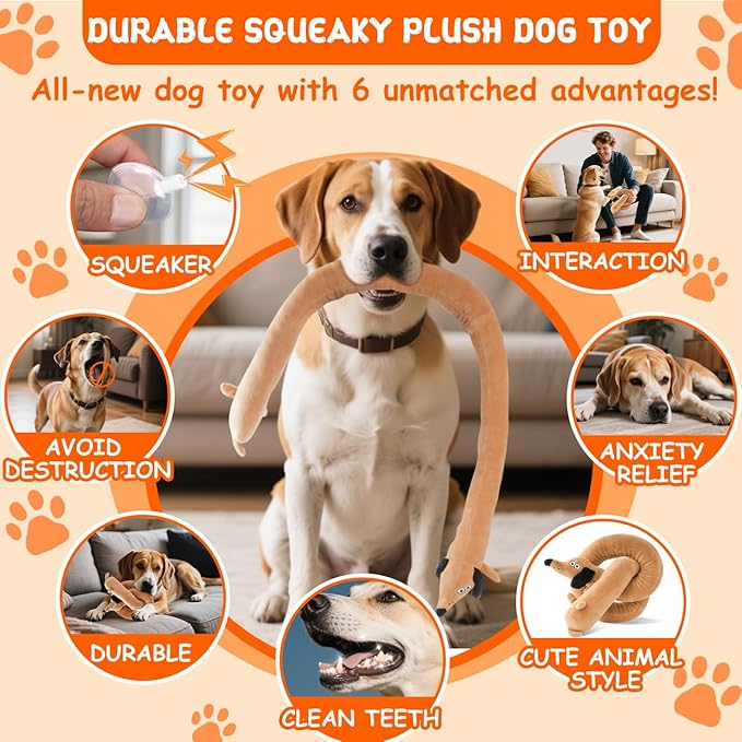 Squeaky Plush Dog Toy for Aggressive Chewer, Stuffed Animal Toy with Squeaker, Durable Interactive Puppy Chew Toy for Boredom, tug-of-war, Small Medium Large Breed(39.5“ Long Dog)