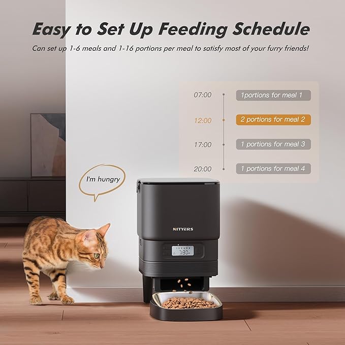 Automatic Cat Feeder - Nityers 4L Timed Cat Dry Food Dispenser with Stainless Steel Bowl,1-6 Meals Per Day, Programmable Portion Size, Detachable Washable, Auto Pet Feeder for Cats and Small Dogs