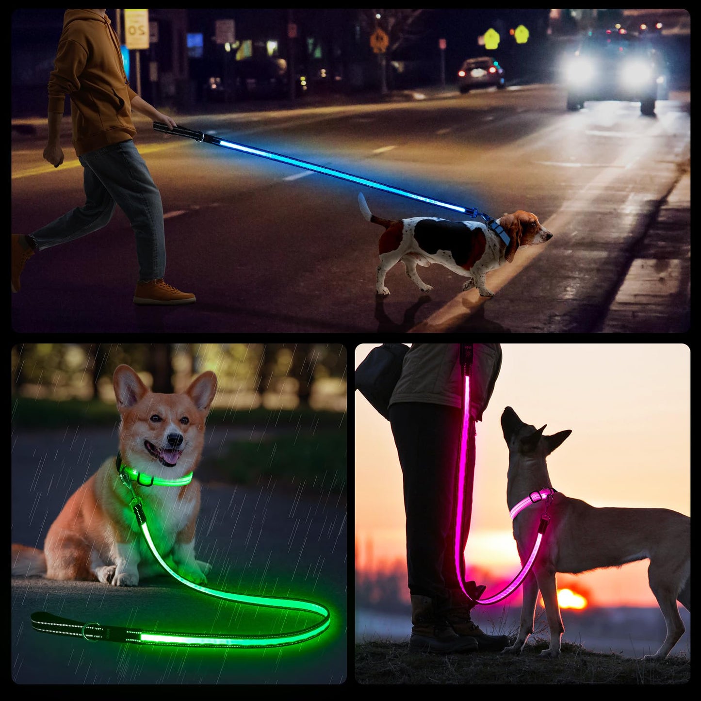 Multi-Color Light Up Dog Leash 4FT Color Changing 7 Lighting Modes Rechargeable Reflective LED Lighted Glow Dark Leash for Night Walking for Small Medium Large Dogs Blue Green Pink