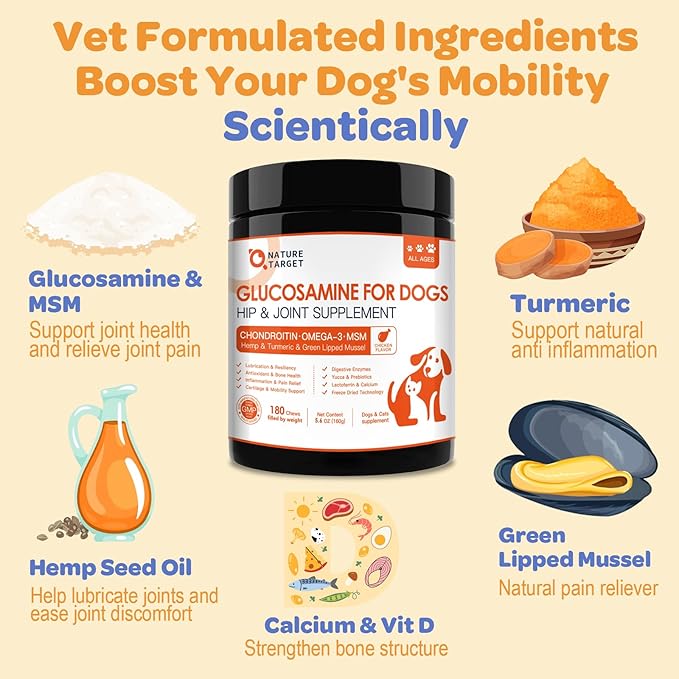 NATURE TARGET Glucosamine for Dogs - Hip and Joint Supplement for Dogs, 180 Crunchy Chews, Glucosamine Chondroitin, Omega-3, MSM, Turmeric for Pain Relief, Dog Joint Supplement Large & Small Breed