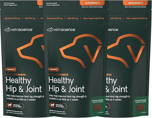 VetriScience Glycoflex 3 Hip and Joint Supplement for Dogs - Maximum Strength Dog Supplement with Glucosamine, MSM, Green Lipped Mussel & DMG - 3 Pack (120 Chews Each)