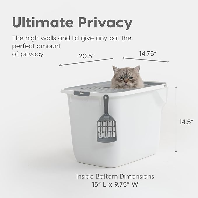 IRIS USA Cat Litter Box, Large Cat Box Enclosure, Top Entry with Litter Catching Lid, Enclosed with Scoop, White/Gray