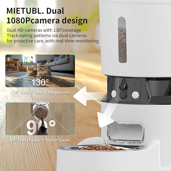 Automatic Cat Feeder with 2 Cameras 1080P HD with Night Vision Pet Food Dispenser Two-Way Voice and Audio Dog Smart WiFi Dog & Cat Feeder Programmable Schedule Slow Bowl White