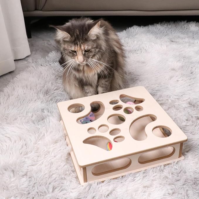 Cat Interactive Box Puzzle Toy with 3 Small Balls and 1 Bell Indoor Hunting Exercise Toy for Kittens Natural Wood Material