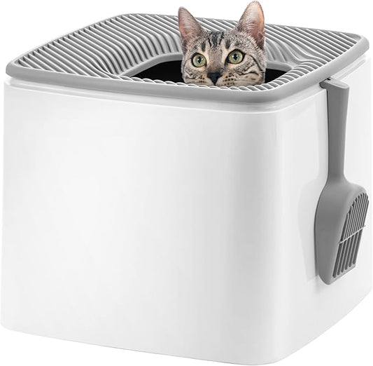IRIS USA Top-Entry Litter Box with Scoop, Enclosed Square Style Litterbox with Odor Control, Easy to Clean for Cats, Covered Dog Proof Litter Box Design, White/Gray