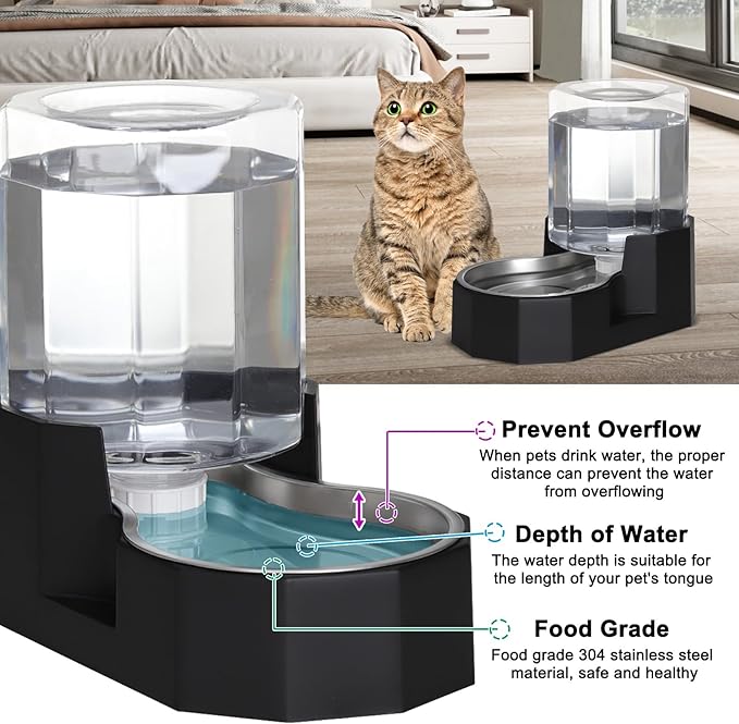 Sfozstra Gravity Water Bowl Dispenser : Automatic 5L Black Cat Stainless Steel Feeder Without Filters for Pets Indoor/Outdoor by Owners