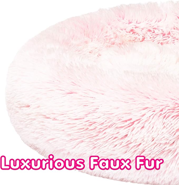 Friends Forever Donut Dog Bed Faux Fur Fluffy Calming Sofa For Small Dogs, Soft & Plush Anti Anxiety Pet Couch For Dogs, Machine Washable Coco Pet Bed with Non-Slip Bottom, 23"x23"x6" Pink