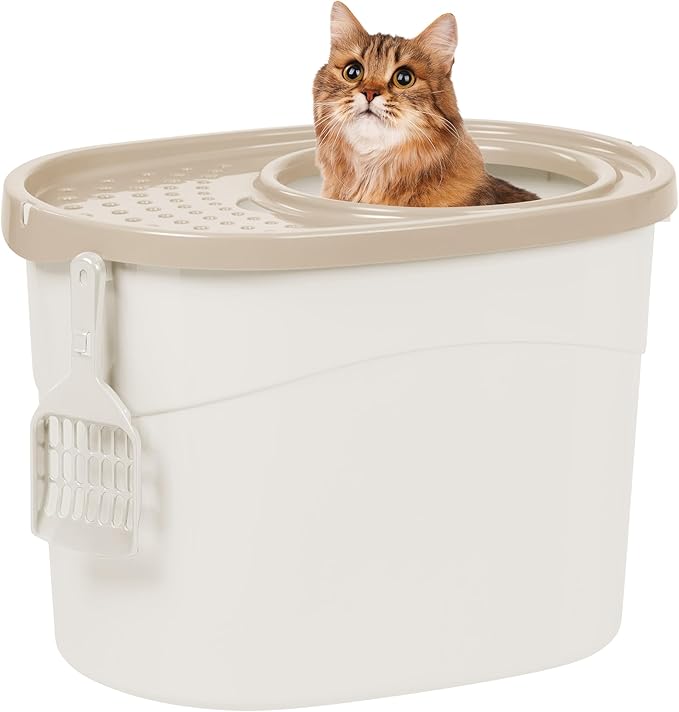IRIS USA Top Entry Cat Litter Box, Large Enclosed with Litter Catching Lid and Scoop, Dog Proof, Cat Litter Box, White/Beige