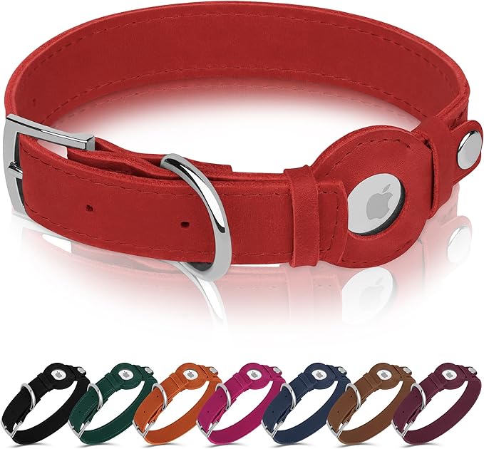 Leather Dog Collar with Airtag Holder - Apple AirTag Dog Collars - Soft Tracking Smart GPS Pet Collar for Small Medium Large Dogs Puppy (Red, XL, 19"-24" Neck Fit)