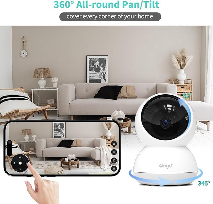 Alaga Indoor Security Camera,3K 5G and 2.4G WiFi, 360° Pan/Tilt, Human/Pet/Motion AI, Night Vision, Speaker, Indoor Camera with Phone App, Compatible with Alexa & Google Assistant,2-Pack White