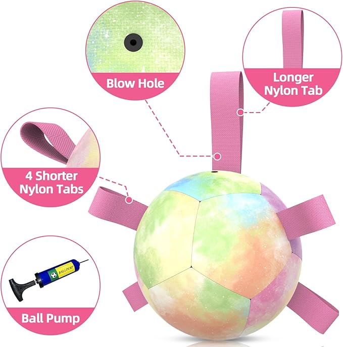 QDAN Dog Toys Soccer Ball with Straps, Durable Dog Balls for Tug of War, Puppy Birthday Gifts, Dogs Water Toy Small Dogs-Rainbow(5 Inch)