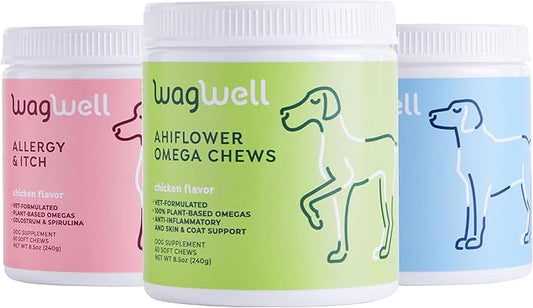WagWell Ahiflower Omega Oil Dog Chews, Allergy and Itch Chews & Mobility Chews Bundle - Skin, Coat, Hip and Joint Supplement for Dogs - Itch Relief and Digestive Health