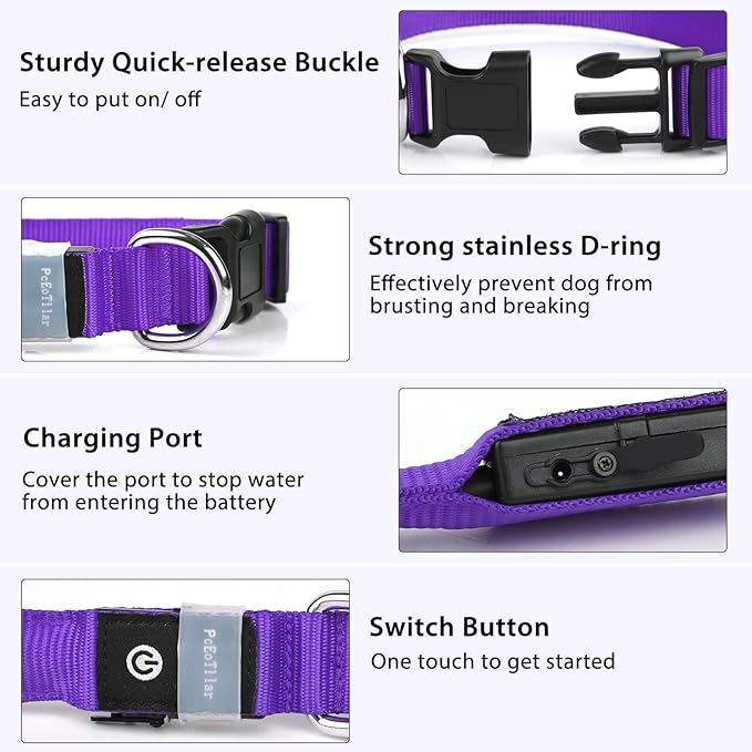 PcEoTllar Light up Dog Collar for Night Walking - LED Dog Collar Light Rechargeable Color Changing, Glow in The Dark Dog Collars Waterproof Glowing Dog Collars for Large Small Medium Dogs
