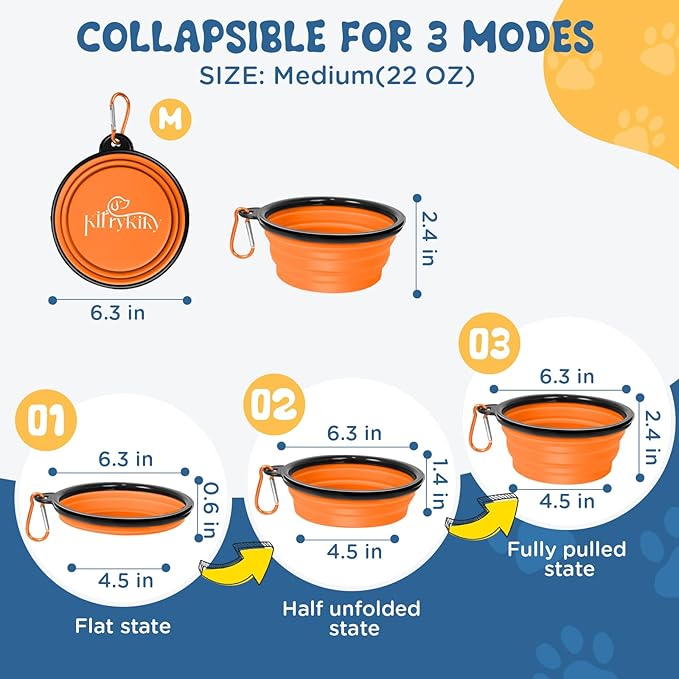 Collapsible Dog Bowls Medium, 2 Pack 22oz Portable Travel Dog Bowls, Foldable Water Bowl for Dogs Cats, Pet Feeding Watering Dish with Carabiner, Food Grade Silicone BPA Free(Blue+Orange, M)