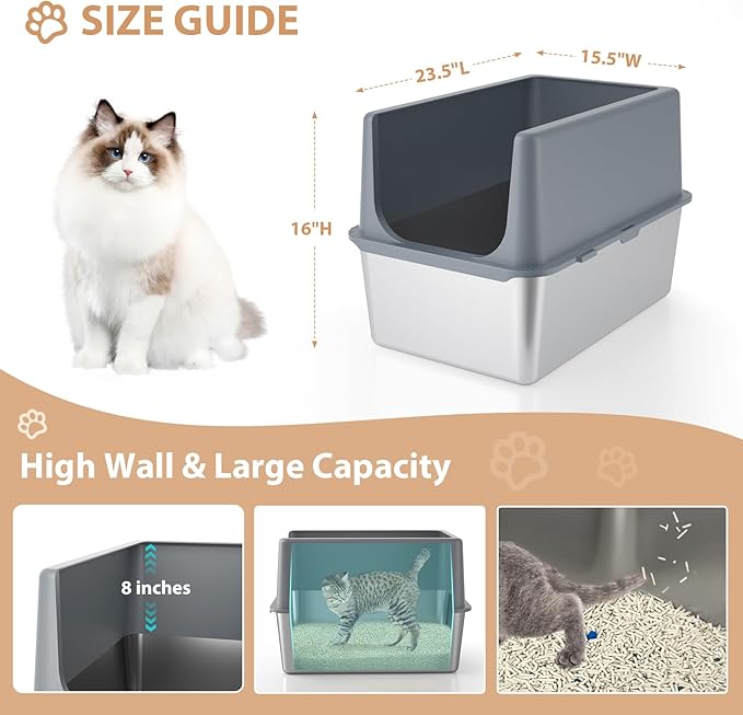 Large Stainless Steel Litter Box with Lid, High Sides, 16" Metal Cat Litter Box, Extra Large Litter Boxes for Big Cats, Tall Cat Litter Pan, Grey, Easy Clean