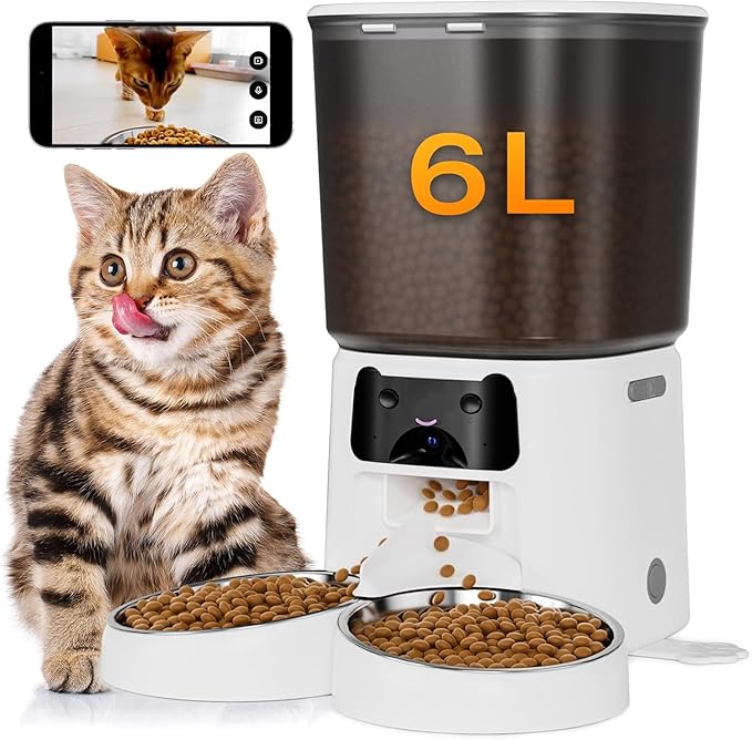 Automatic Cat Feeder with Camera, 6L WiFi Smart Pet Feeder with APP Control, 1080P HD Video, Voice Call, Motion Detection, Dual Power Supply, for Dogs Cats, Small-Pet (White, 6L)