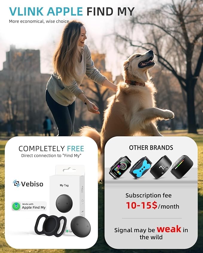 VB GPS Tracker for Dogs (2 Pack), Mini GPS Cat Tracker, Smart Pet Activity Tracker (iOS Only), No Monthly Fee, Compatible with Apple Find My, Anti-Lost, Finder Tag