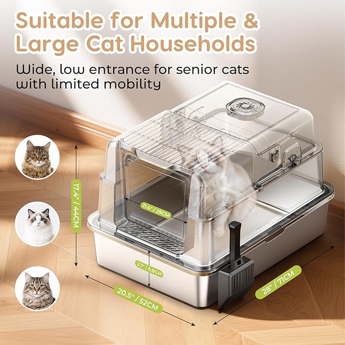 L8 Max-XXXL Stainless Steel Litter Box with Lid, Extra Large Enclosed Metal Cat Box for Large & Multi-Cats, Odor Control-Cat Litter Deodorizer, High Sided Enclosure with Scoop&Mat, Anti-Leakage-Black