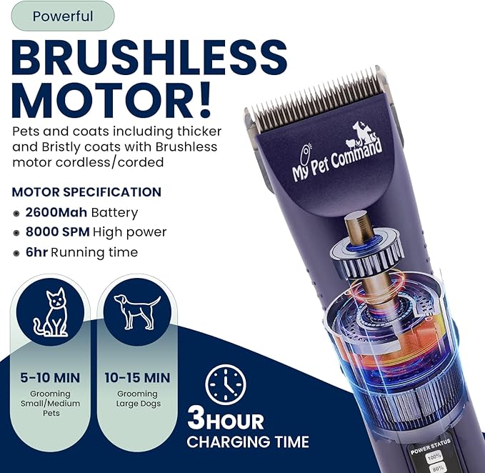 My Pet Command Professional Dog Grooming Clipper, Cordless Hair Trimmer, Brushless Motor, Heavy Duty Kit for Dogs Pets Cats, for Thick Coats, Low Noise, Light Weight