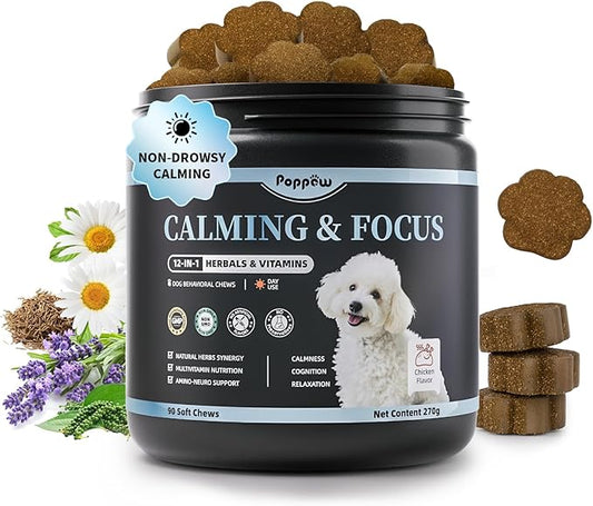 Calming Chews for Dogs – Calming Treats for Anxiety, Stress, Separation, Travel&Thunder, Relaxation & Focus Support with L-Theanine, Valerian Root, Chamomile & Ashwagandha, Chicken Flavor, 90Ct