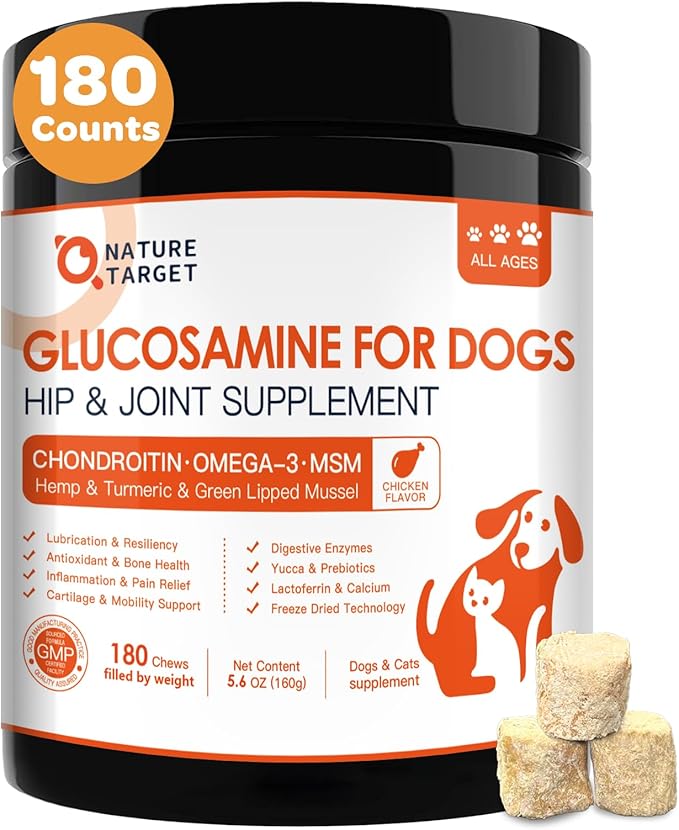 NATURE TARGET Glucosamine for Dogs - Hip and Joint Supplement for Dogs, 180 Crunchy Chews, Glucosamine Chondroitin, Omega-3, MSM, Turmeric for Pain Relief, Dog Joint Supplement Large & Small Breed