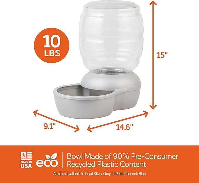 Petmate Replendish Pearl White 10 lb Dog Cat Feeder,Grey, Made in USA