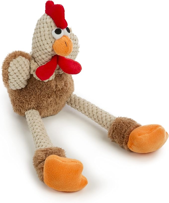 goDog Checkers Skinny Rooster Squeaky Plush Dog Toy, Chew Guard Technology - Brown, Small