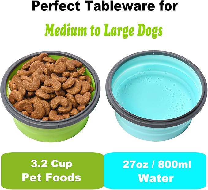 Sturdy Collapsible Dog Bowls, 27 oz 2 Pack - Foldable Silicone Water Food Bowl, Leak-Proof, Ideal for Large Dogs & Outdoor Travel