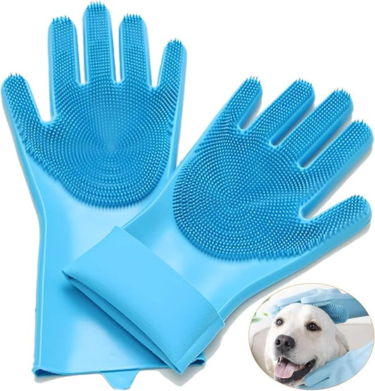 1 pairs Silicone Dishwashing & Pet Grooming Gloves - 2-in-1 Heat Resistant Gloves with High-Density Teeth, Enhanced Five Finger Design for Bathing, Cleaning Dishes, Cars, Dogs & Cats (Blue)