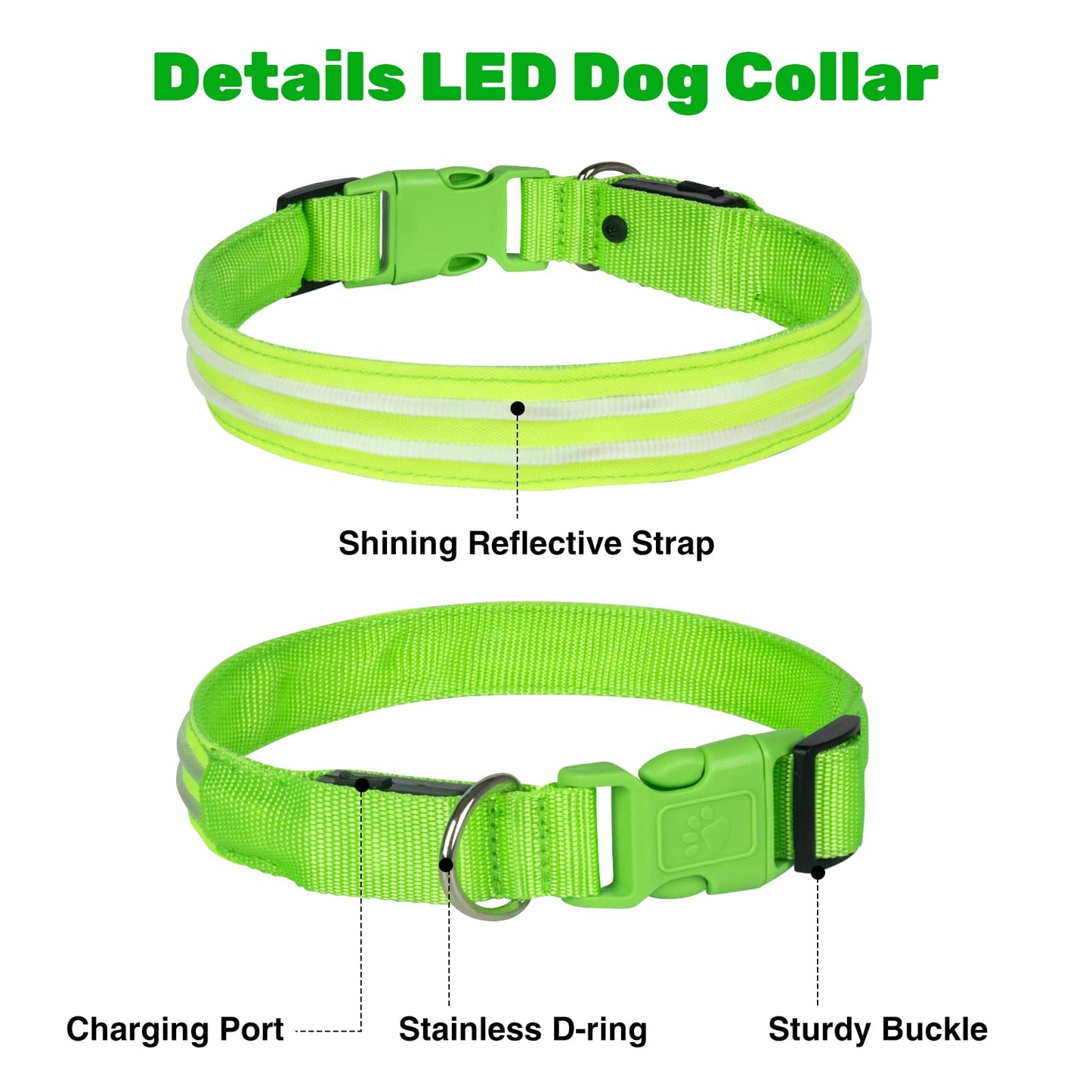Geekman LED Dog Collar, LED Glow Collar with USB Rechargeable, Comfortable Adjustable Soft Mesh Safety Dog Collar for Dogs(Large, Green)
