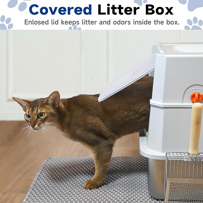 TENTIZON Stainless Steel Cat Litter Box with Lid, XL Large Covered Litter Box with Litter Mat, Metal Scoop, Enclosed Metal Litterbox for Kitten, Big Cats Up to 24lbs, 23.1" L x 14.8" W x 15.2" H